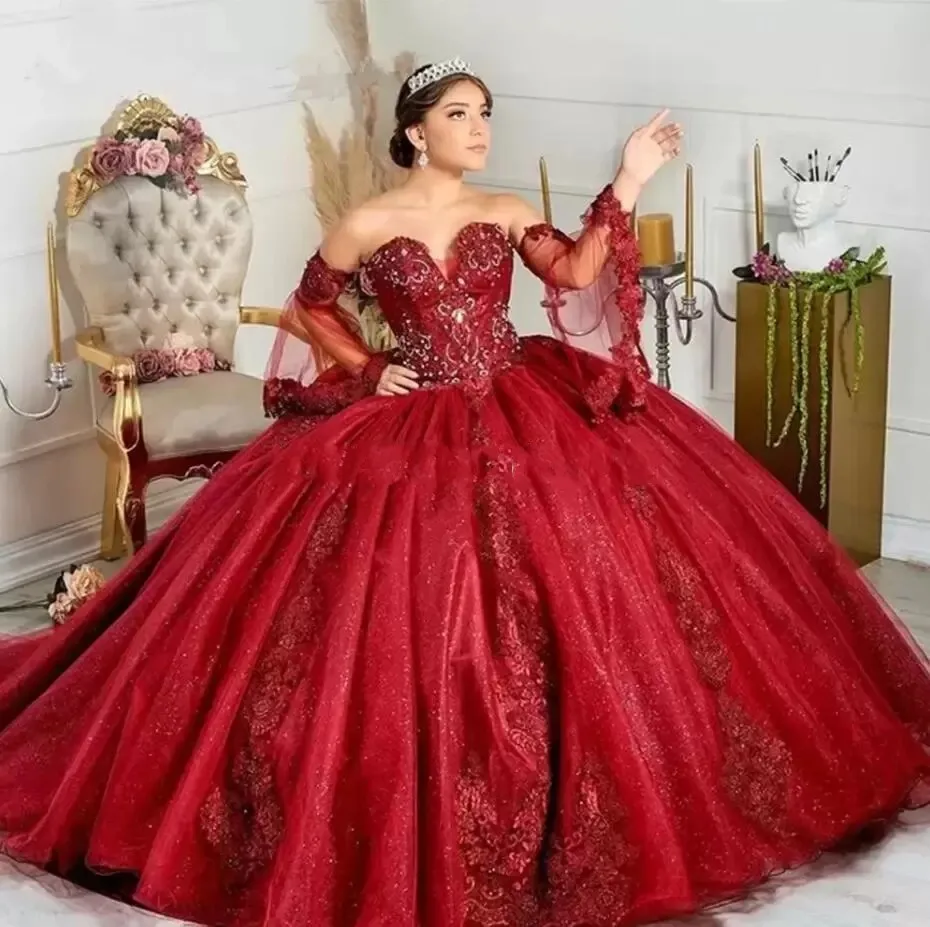 

Burgundy Quinceanera Dresses Vestidos De 15 Anos Sexy Puffly Sleeves Applique Court Train Birthday Party Gowns HOT