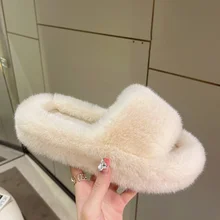 New Winter Open Toe Slipper Fashion Fur Thick Sole Flats Heel Ladies Casual Slip On Bedroom Shoes Soft Outdoor Slides Shoes