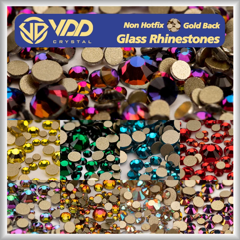 VDD SS6-SS20 высококачественные стеклянные кристаллы, золотые стразы с плоским основанием, блестящие камни для дизайна ногтей