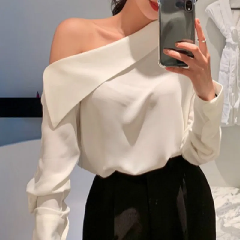 Party Blouse Women Korean Chic Elegant Skew Collar Off Shoulder Loose Solid Long Sleeve Office Lady Shirts Fashion Blusas 
Party Blouse Women Korean Chic Elegant Skew Collar Off Shoulder Loose Solid Long Sleeve Office Lady Shirts Fashion Blusas