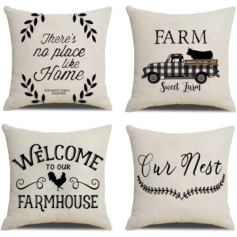 

Farmhouse Throw Pillow Covers Linen Rustic Farm Cushion Cover for Couch Sofa Bed 18X18 Set of 4 Farmhouse Decor