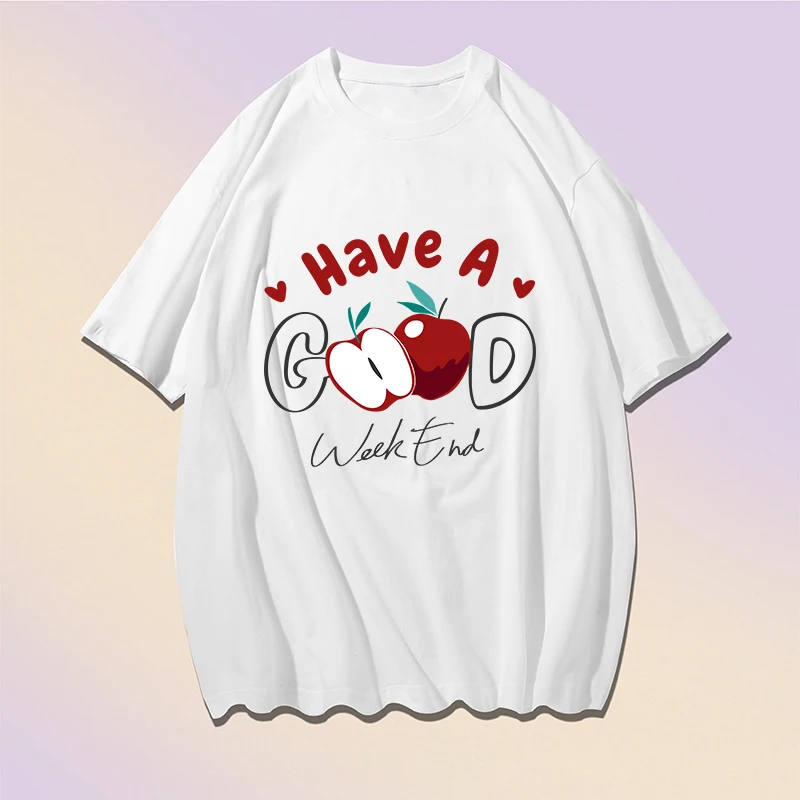 Fashion Men's White T-shirt Have A Good Weekend Apple Print Short Sleeve T Shirt Loose Unisex Tees Casual Cotton Tops Clothes 
Fashion Men's White T-shirt Have A Good Weekend Apple Print Short Sleeve T Shirt Loose Unisex Tees Casual Cotton Tops Clothes