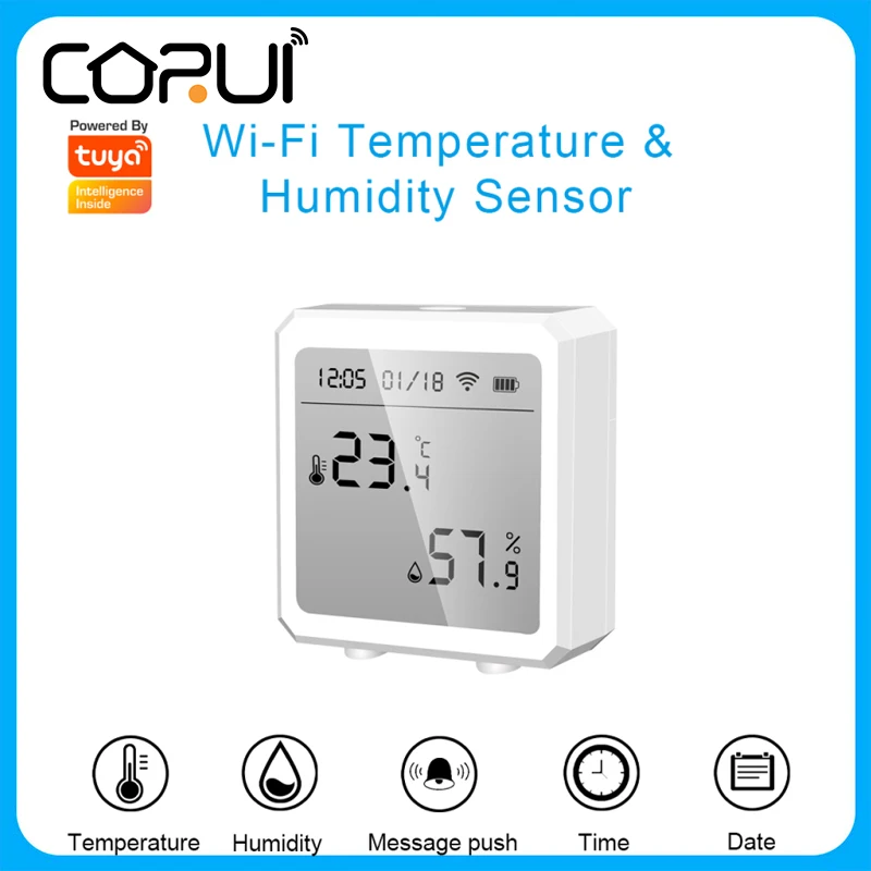 CoRui WiFi Temperature Sensor Humidity Sensor With LCD Screen Display Alarm Push Work With Alexa Google Assistant Smart Sensor
CoRui WiFi Temperature Sensor Humidity Sensor With LCD Screen Display Alarm Push Work With Alexa Google Assistant Smart Sensor