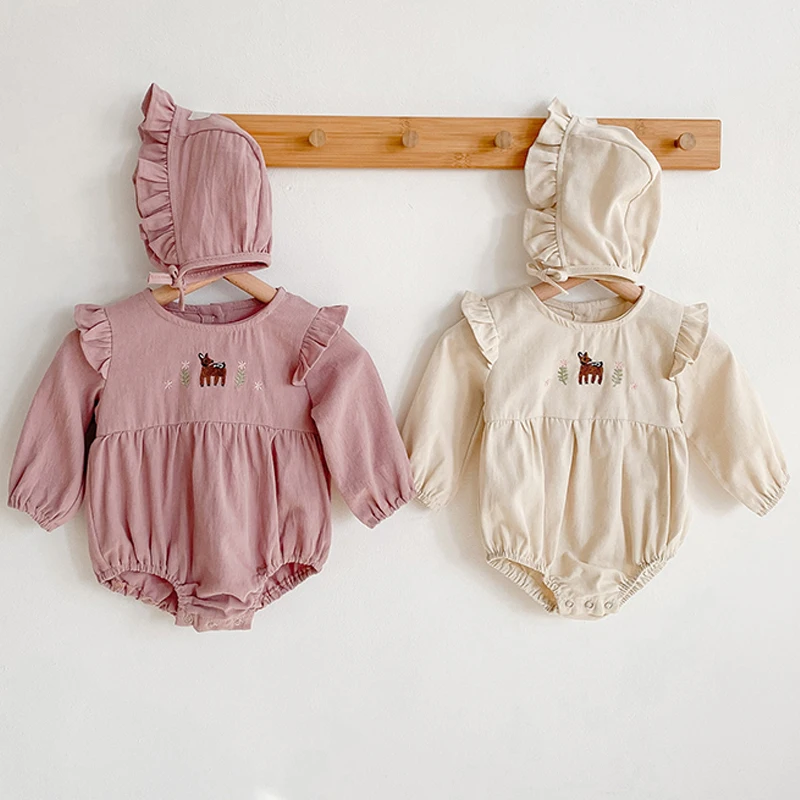 Long Sleeve Baby Girl Bodysuit Hat Set Cartoon Embroidery Ruffle Infant Jumpsuit Bonnet Spring Autumn Clothes for Newborn
Long Sleeve Baby Girl Bodysuit Hat Set Cartoon Embroidery Ruffle Infant Jumpsuit Bonnet Spring Autumn Clothes for Newborn