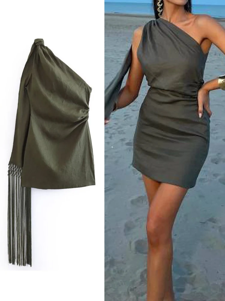 TRAFSummer Asymmetrical For Women Solid One Shoulder Dress Linen Vintage Female Tassel Sleeveless Slim Sexy Party Mini Dress
TRAFSummer Asymmetrical For Women Solid One Shoulder Dress Linen Vintage Female Tassel Sleeveless Slim Sexy Party Mini Dress