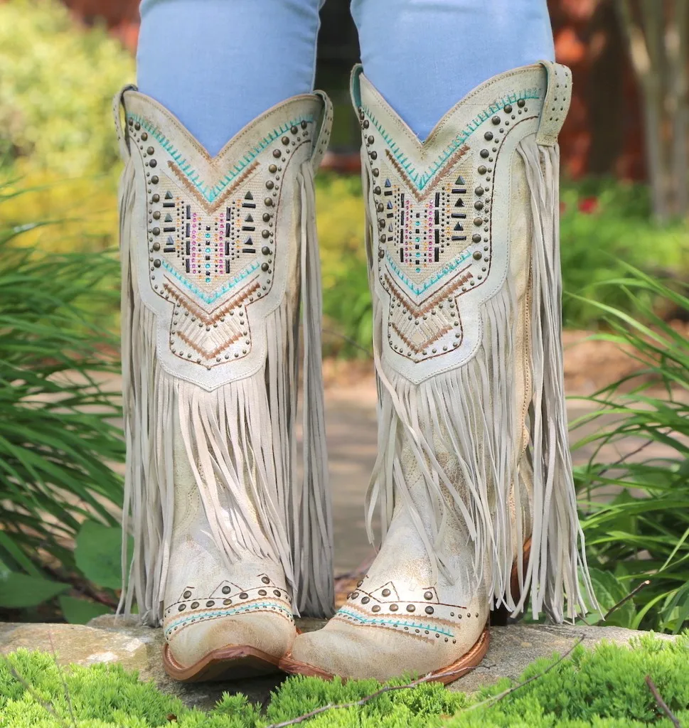 

Grey rivet pointed toe british style fringed women's straight boots low heel western cowboy knee boots