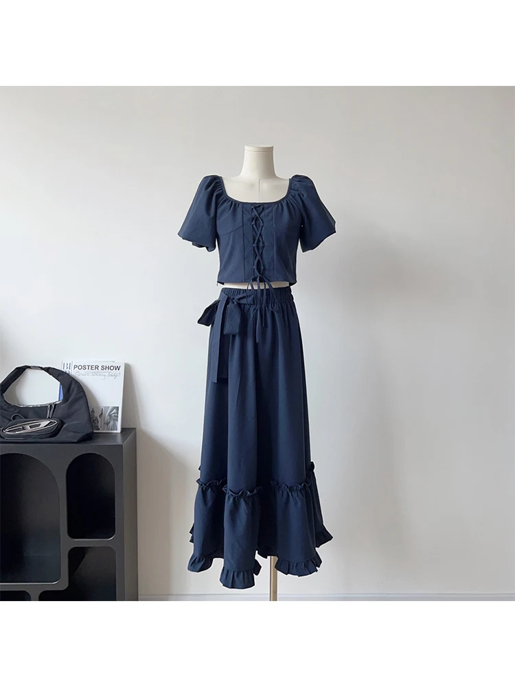 2023 Vintage Summer Women Mori Solid Color Outfits 2 Piece Set Short Sleeve Lace Up Crop Tops + Elastic Waist Mid-Long Skirts
2023 Vintage Summer Women Mori Solid Color Outfits 2 Piece Set Short Sleeve Lace Up Crop Tops + Elastic Waist Mid-Long Skirts