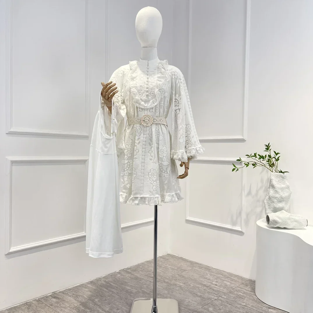 2023 Spring Summer High Quality Solid White Embroidery Frill Ruffle Mini Dresses with Belt for Women
2023 Spring Summer High Quality Solid White Embroidery Frill Ruffle Mini Dresses with Belt for Women