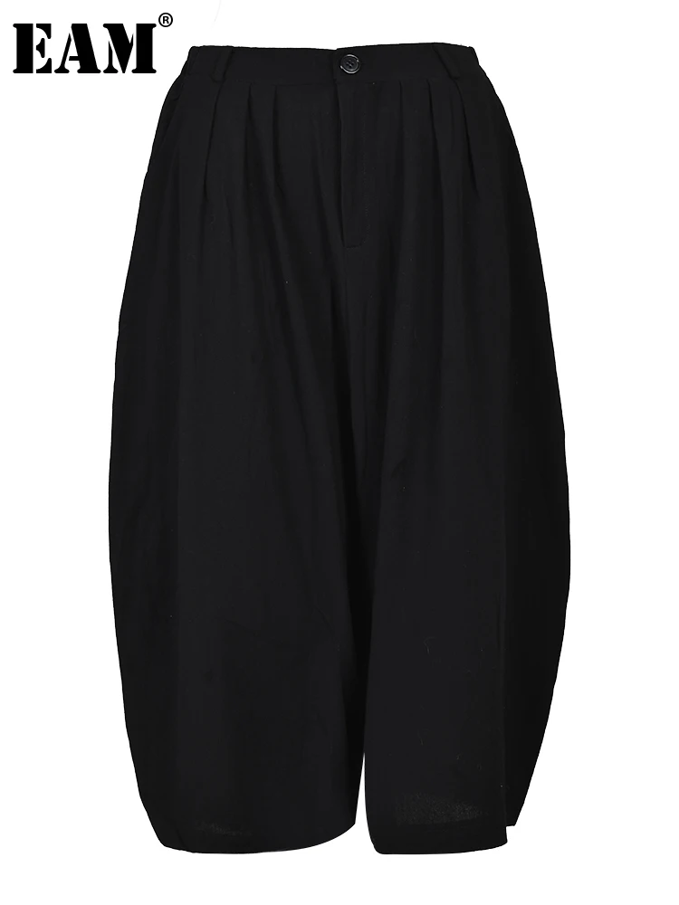 

[EAM] Черные Асимметричные винтажные широкие брюки с высокой эластичной талией, новые свободные брюки для женщин, модные демисезонные 2023 1DF7422