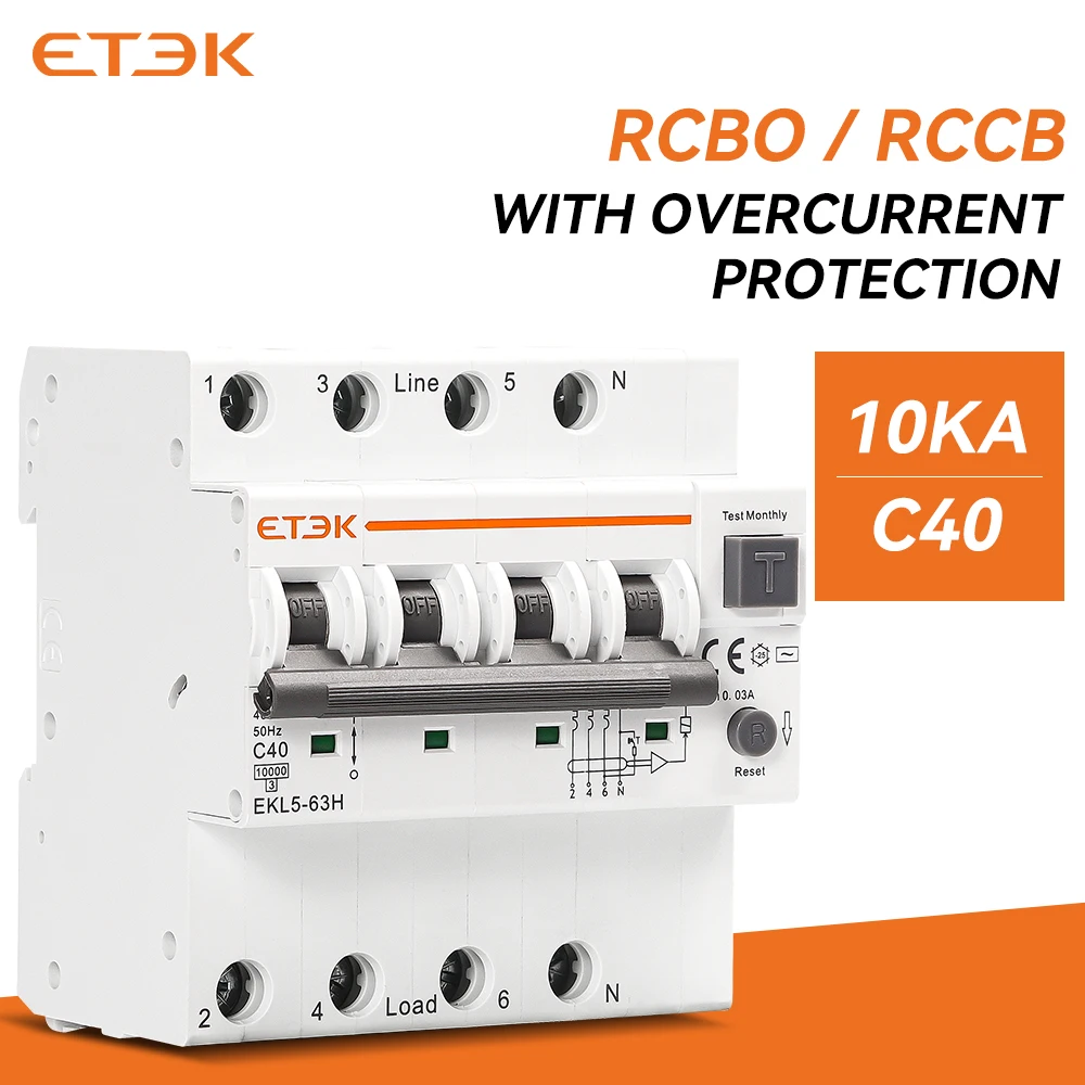 ETEK RCBO 10KA 3P + N 40A 30mA Curve C Type AC EKL5-63H-3NC4030 
ETEK RCBO 10KA 3P + N 40A 30mA Curve C Type AC EKL5-63H-3NC4030