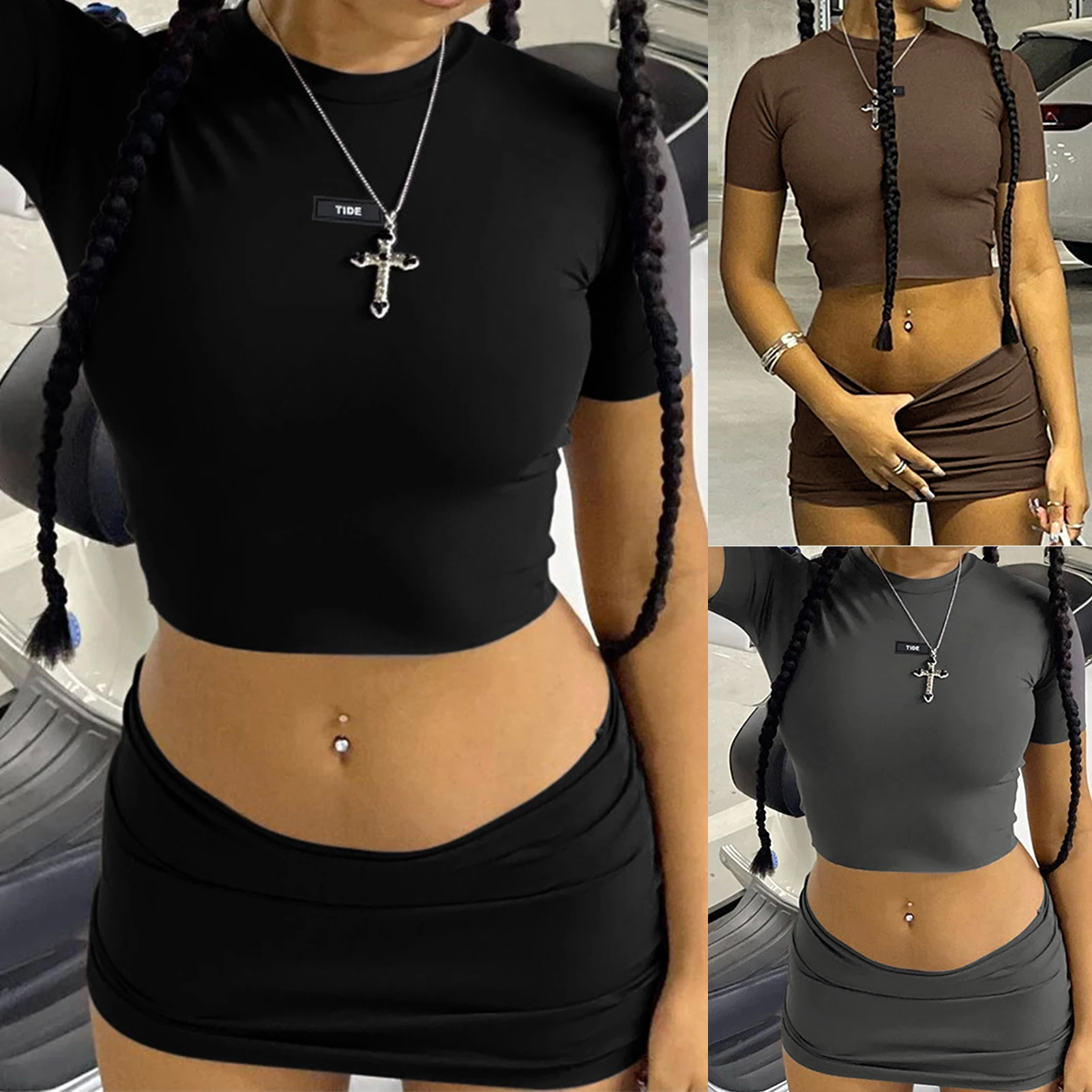

Navel Cropped Top Skirt Set Y2K Style Summer Skirt Suits Round Neck Short Sleeves Fashion Summer Solid Color for Party Vacation