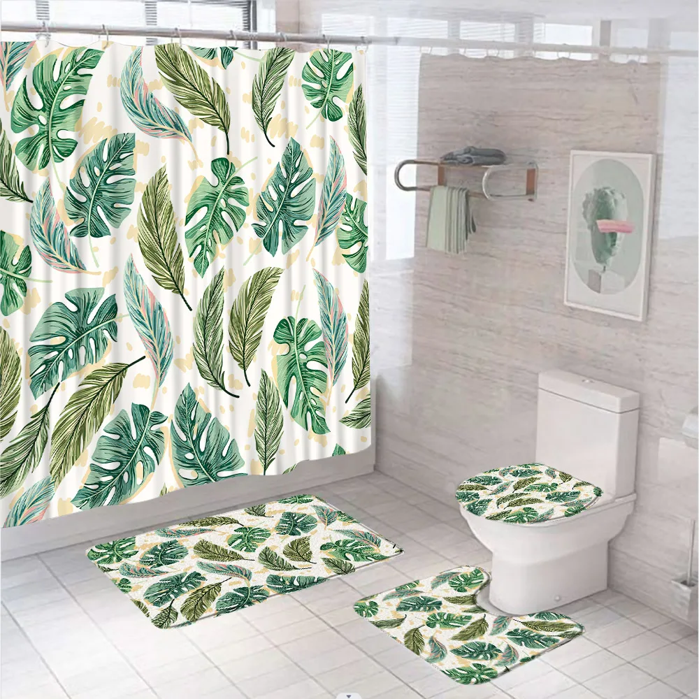 

Набор занавесок для душа с акварельными тропическими листьями, занавески с зелеными растениями для ванной комнаты, нескользящий коврик для ванной, коврик, крышка-подставка, крышка для туалета, домашняя