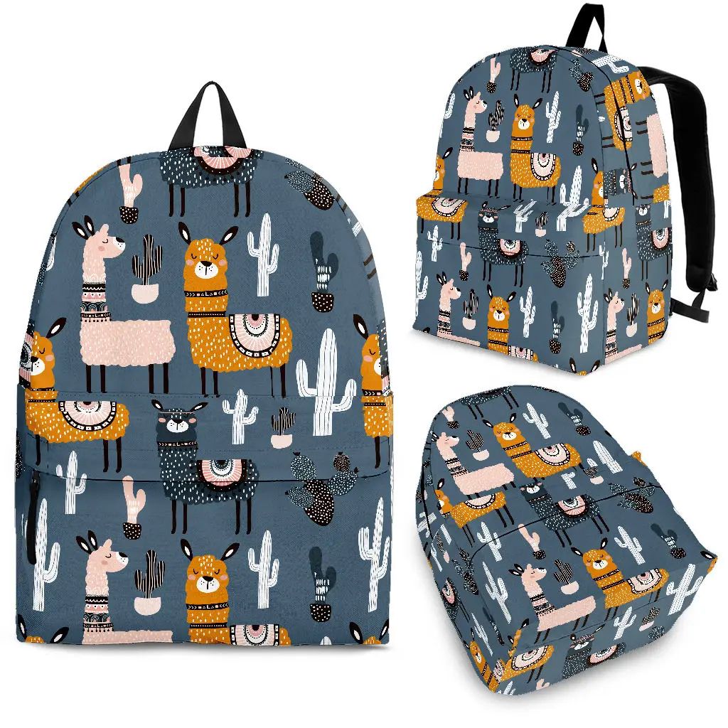 

YIKELUO Blue Cartoon Alpaca Cactus Student Textbook Bag Comfortable Adjustable Shoulder Strap Laptop Backpack Casual Bag Gift
