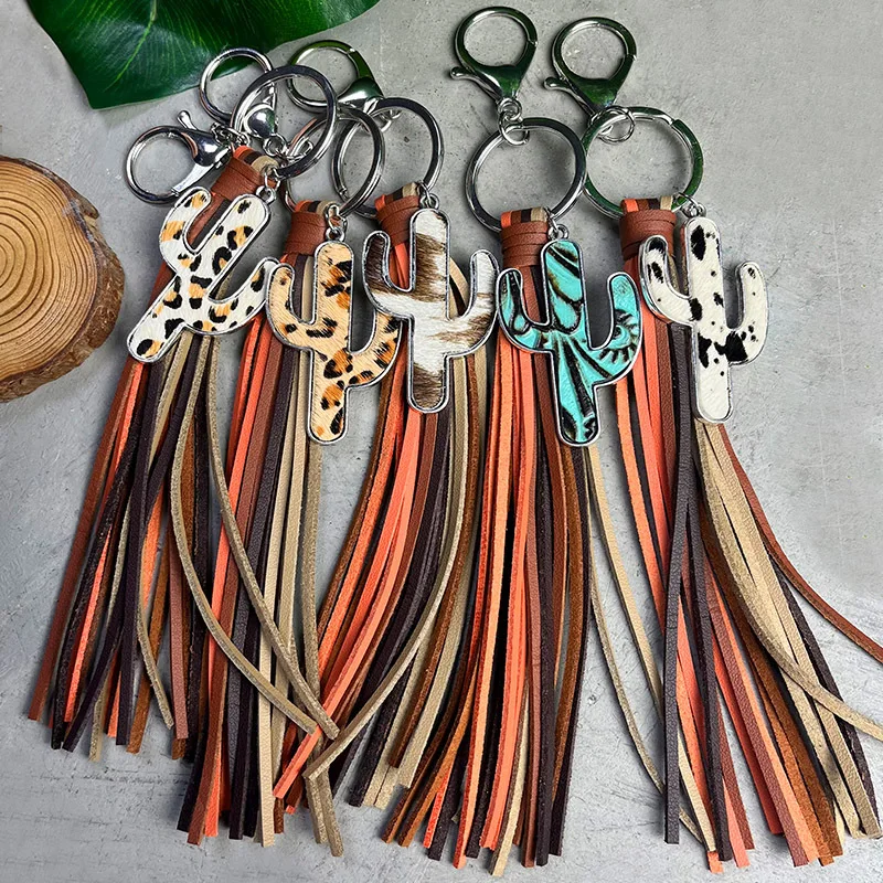 

Multi-color Tassel Fringe & Cactus Keychain Keyring Key Chain Ring for Cowboy Cowgirl Cactus Punchy Ear Tag BAG BOBO ACCESSORIES