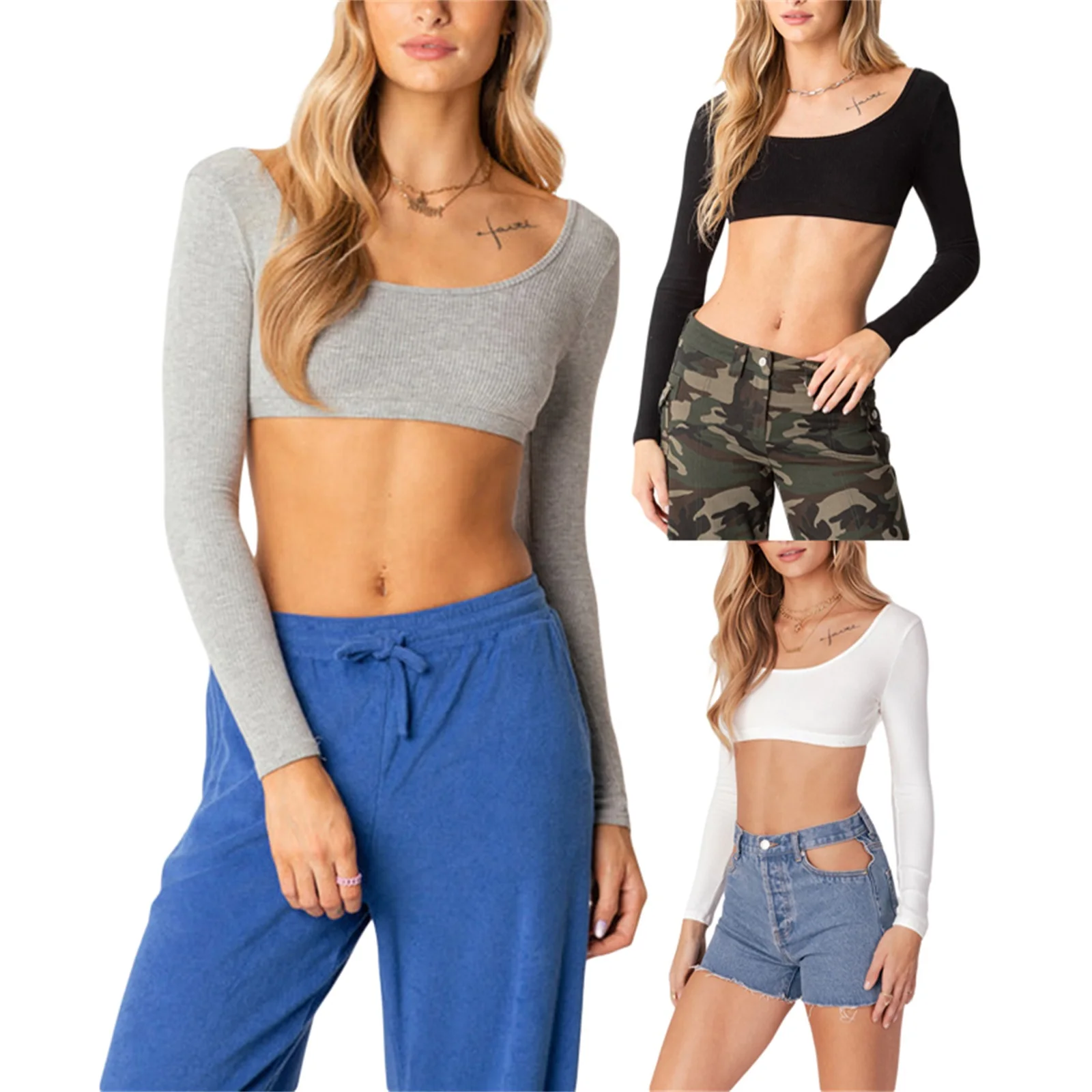 Women's Long Sleeve Crop Tops Solid Color U-Neck Backless Show Navel T-Shirts for Spring Summer
Women's Long Sleeve Crop Tops Solid Color U-Neck Backless Show Navel T-Shirts for Spring Summer
