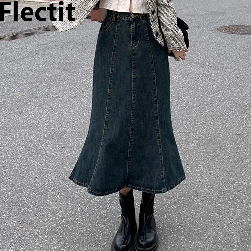

Flectit Vintage Long Denim Skirt Flared Hem High Waist Dark Blue Jean Skirt Women Retro Outfit