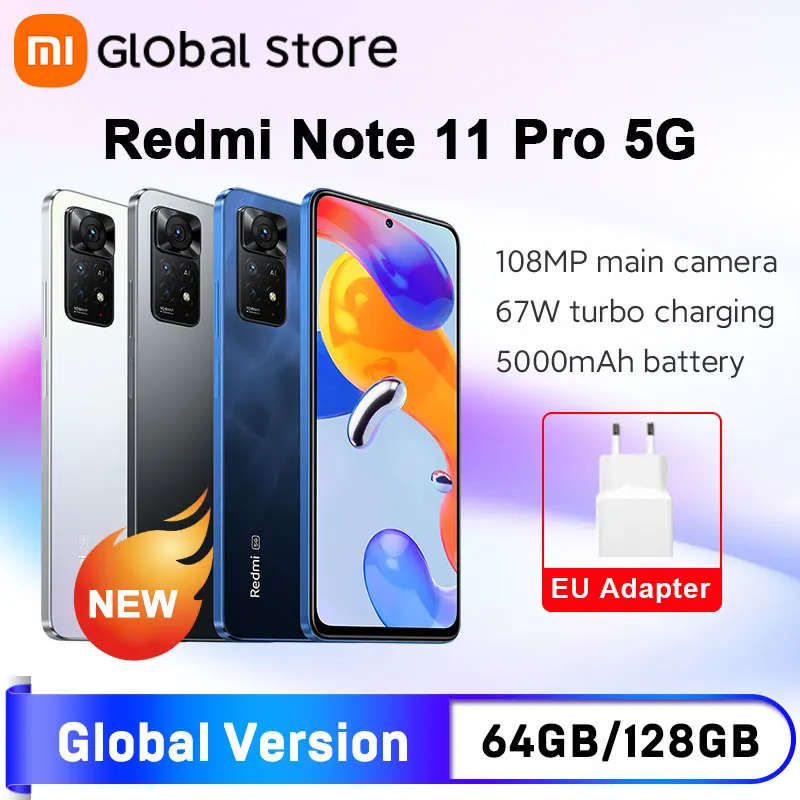 Глобальная версия смартфона Xiaomi Redmi Note 11 Pro 5G 64/128 ГБ Восьмиядерный Snapdragon 695 108MP Camera