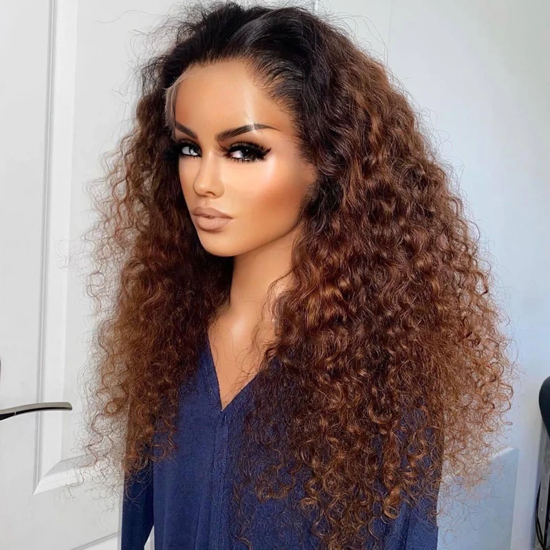 

Ombre Brown Glueless Soft Preplucked 26 inch Long 200 Density Deep Kinky Curly Lace Front Wigs For Black Women Babyhair Daliy