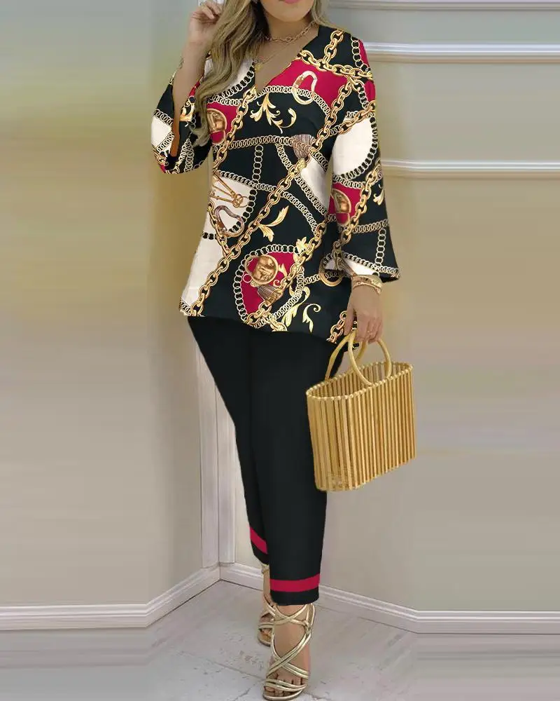 Летний модный Женский Повседневный свободный комплект из топа и брюк с геометрическим принтом и расклешенными рукавами и V-образным вырезо... 
Летний модный Женский Повседневный свободный комплект из топа и брюк с геометрическим принтом и расклешенными рукавами и V-образным вырезо...