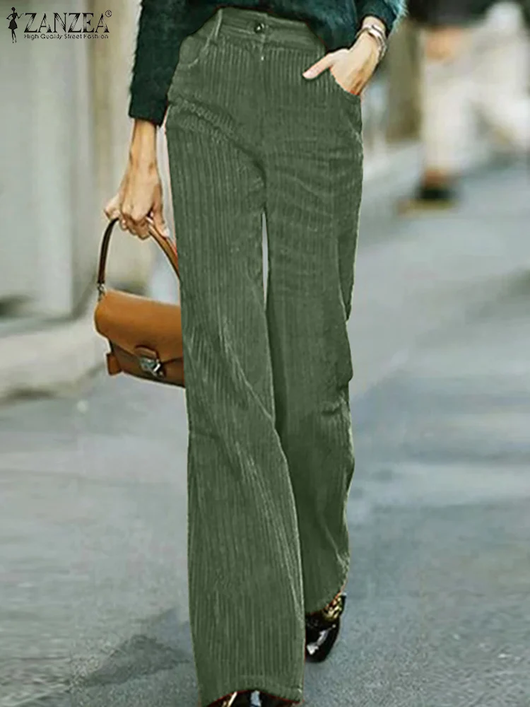 

Women Autumn Corduroy Pants ZANZEA Stylish Wide Leg Trousers Casual OL Work Pant Casual High Waist Solid Long Pantalon Palazzo