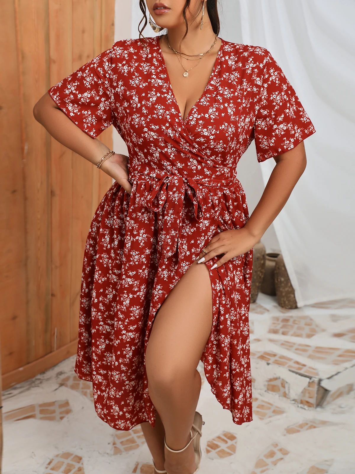 

Finjani Dress Plus Size Women Clothing Allover Floral Print Ruffled Hem Dress Summer 2023 Bow Front Belted Party Dresses