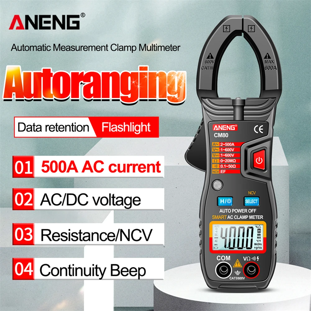 ANENG CM80 4000 Counts Smart Digital Clamp Meter DC/AC Current Voltage Resistance Tester Auto Range NCV Multimeter
ANENG CM80 4000 Counts Smart Digital Clamp Meter DC/AC Current Voltage Resistance Tester Auto Range NCV Multimeter