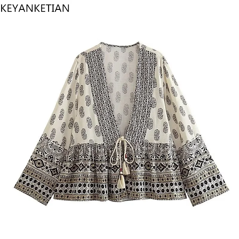 KEYANKETIAN Spring Autumn New National Style Printed Beaded Lace-Up V-Neck Shirt Women Loose Long-Sleeved Linen Short Top
KEYANKETIAN Spring Autumn New National Style Printed Beaded Lace-Up V-Neck Shirt Women Loose Long-Sleeved Linen Short Top