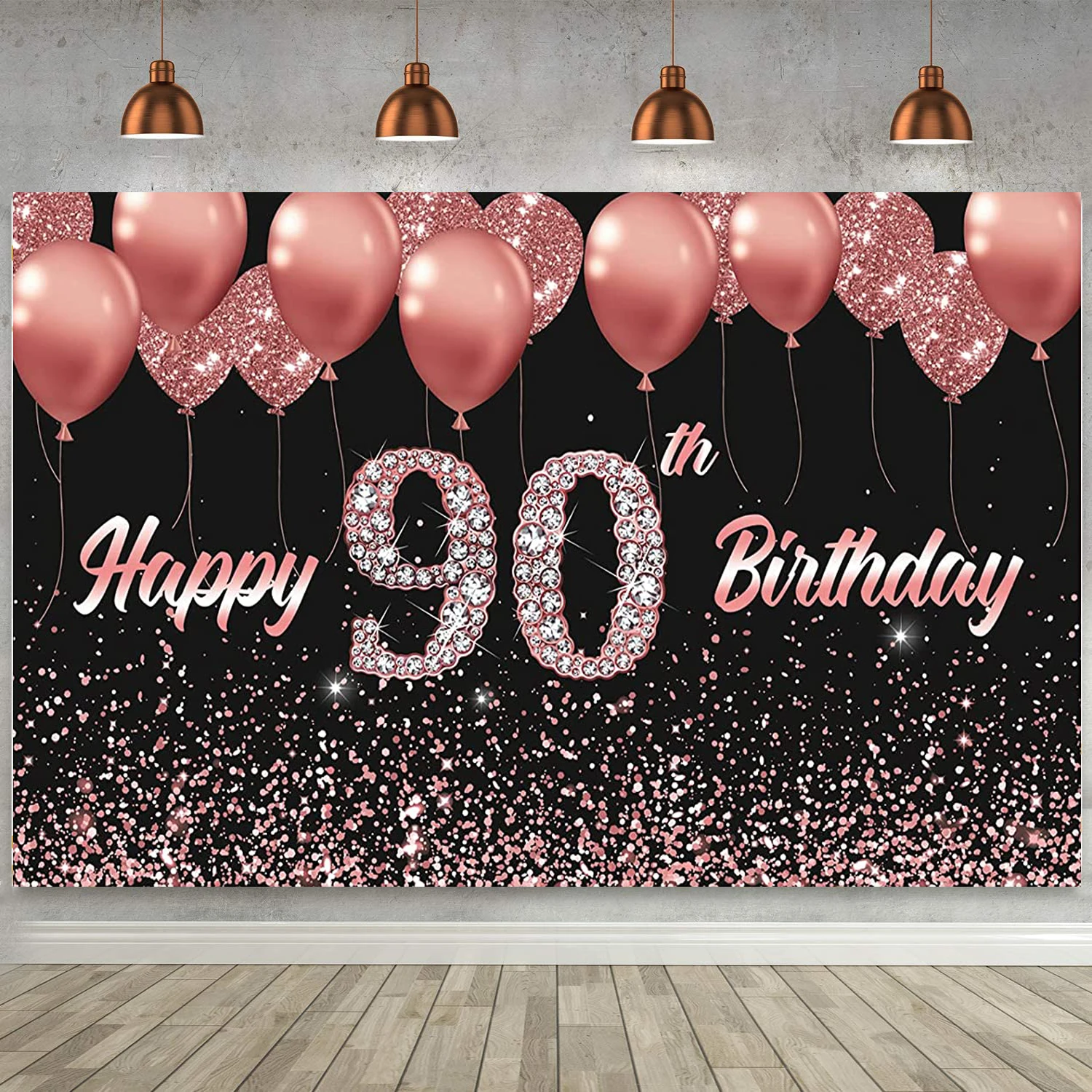 

Happy 90th Birthday Backdrop Pink Background Banner for Men Women 90th Anniversary Photo Booth Cheers to 90 Years Party Banner