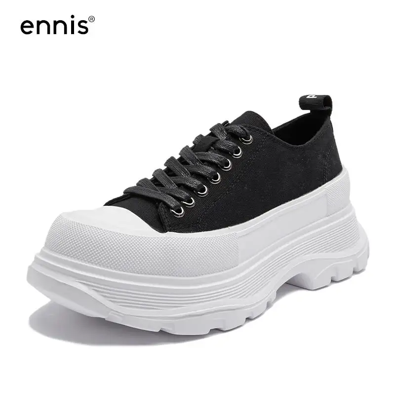 

ENNIS Brand Platform Canvas Sneakers Women Tread Slick Lace Up Shoes Thick Bottom Autumn Casual Shoes Designer White Black Pink