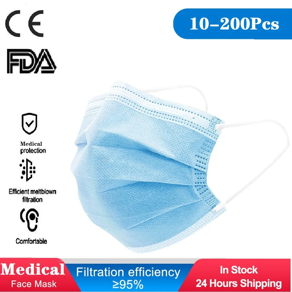 

100 шт. противовирусные медицинские защитные маски CE 3-слойная фильтрационная хирургическая маска одноразовая безопасная маска 95% маски