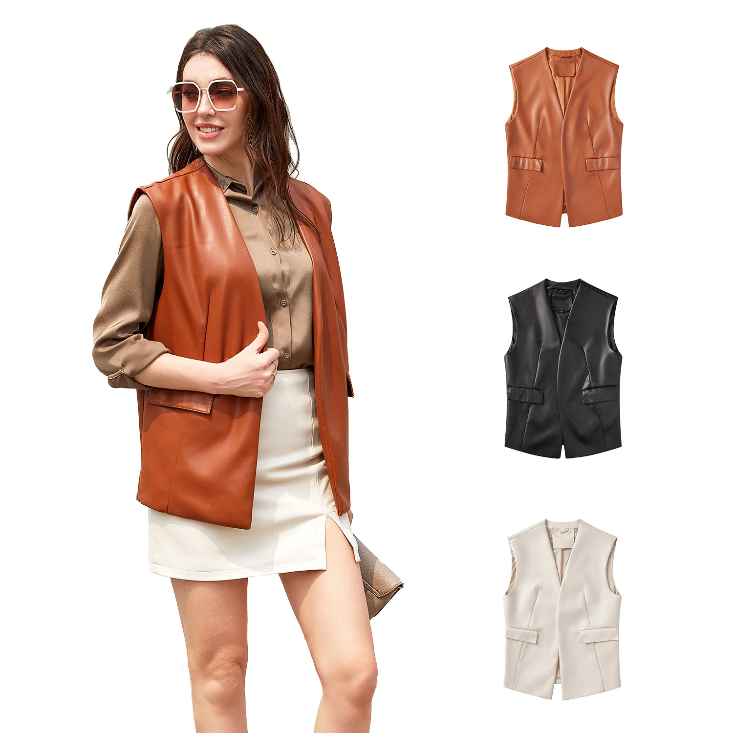 2022 fashion female high -quality sleeveless PU leather vest loose large size girl vest cardigan short jacket
2022 fashion female high -quality sleeveless PU leather vest loose large size girl vest cardigan short jacket