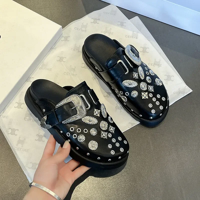 

Summer Women Slippers Platform Rivets Punk Rock Leather Mules Creative Metal Fittings Casual Party Shoes Female Outdoor Slides