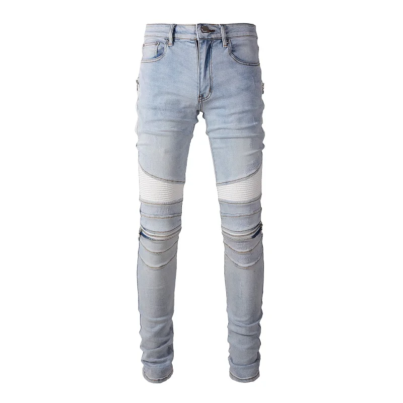 New Arrivals Light Blue Streetwear Slim Distressed Bikers Motorcycle Skinny Stretch Ribs Patches Ripped Jeans
New Arrivals Light Blue Streetwear Slim Distressed Bikers Motorcycle Skinny Stretch Ribs Patches Ripped Jeans