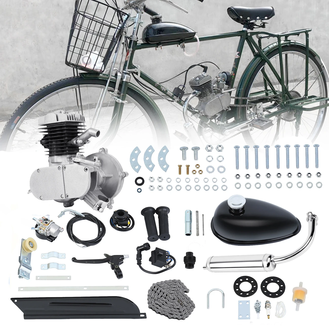

2-Stroke Engine Kit 50cc/80cc/100cc/110cc For DIY Electric Motorized Bicycle MTB Bike Gasoline Motor Set Powered Sliver/Black
