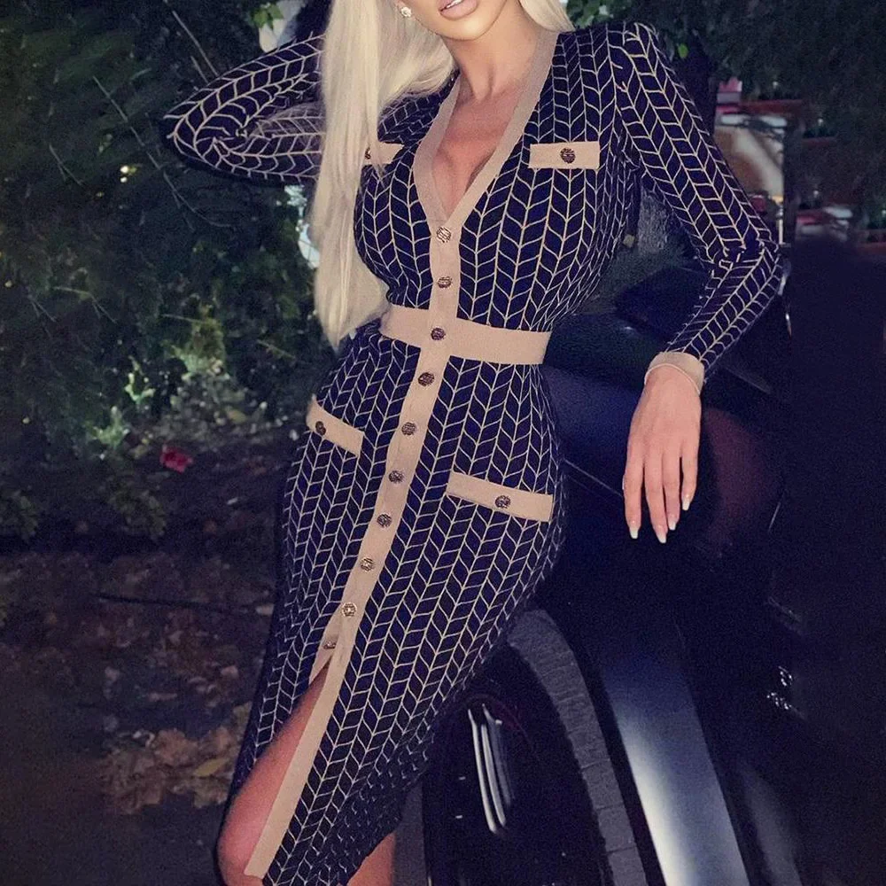 Geometric Elegant vintage Houndstooth Party Dress Slim Button V-Neck Stitching Dress Women Fall Winter Long Sleeve Bodycon Dress
Geometric Elegant vintage Houndstooth Party Dress Slim Button V-Neck Stitching Dress Women Fall Winter Long Sleeve Bodycon Dress