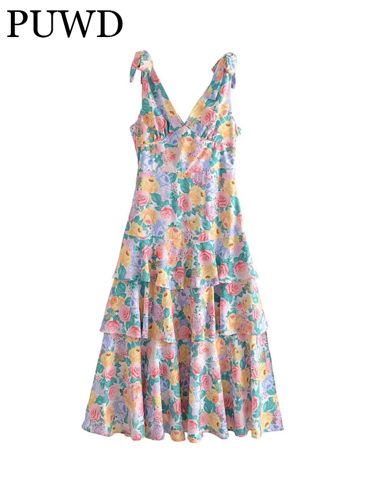 PUWD Women Flower Printing Multi-layer Pastoral Oil Painting Style Elegant Fresh Lovely Girl Feeling 2022 Summer Female Dress 
PUWD Women Flower Printing Multi-layer Pastoral Oil Painting Style Elegant Fresh Lovely Girl Feeling 2022 Summer Female Dress