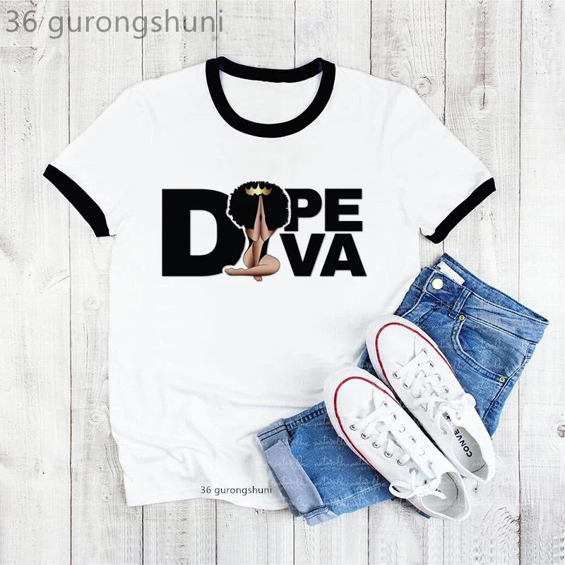 Летняя модная черная женская футболка с графическим принтом Diva с черными девушками, женская футболка с рисунком афро-королевы меланина, женские топы, футболка для женщин 
Летняя модная черная женская футболка с графическим принтом Diva с черными девушками, женская футболка с рисунком афро-королевы меланина, женские топы, футболка для женщин