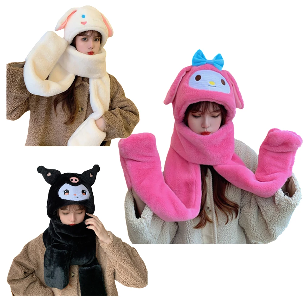 Sanrio My Melody Cinnamoroll Kuromi Kawaii Plush Hat Scarf Gloves Three In One Suitable for Girls To Keep Warm In Winter 
Sanrio My Melody Cinnamoroll Kuromi Kawaii Plush Hat Scarf Gloves Three In One Suitable for Girls To Keep Warm In Winter