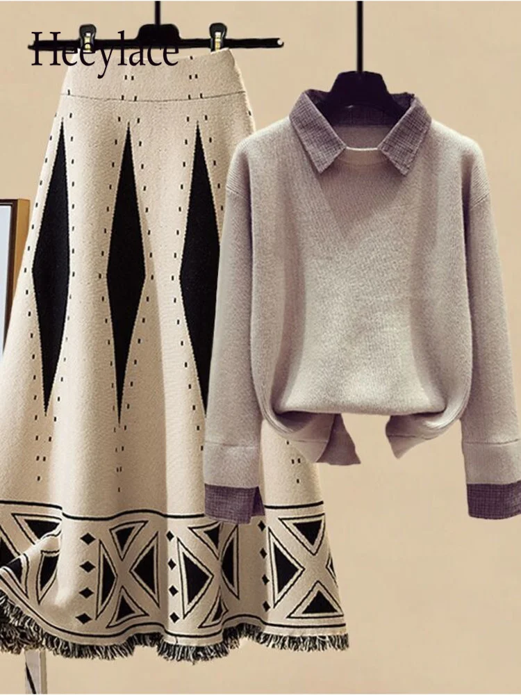 Office Ladies Elegant Knitted Two Piece Sets Womens Outfits Korean Turn-down Collar Fake Two Pieces Sweater And Skirts Sets 2022
Office Ladies Elegant Knitted Two Piece Sets Womens Outfits Korean Turn-down Collar Fake Two Pieces Sweater And Skirts Sets 2022