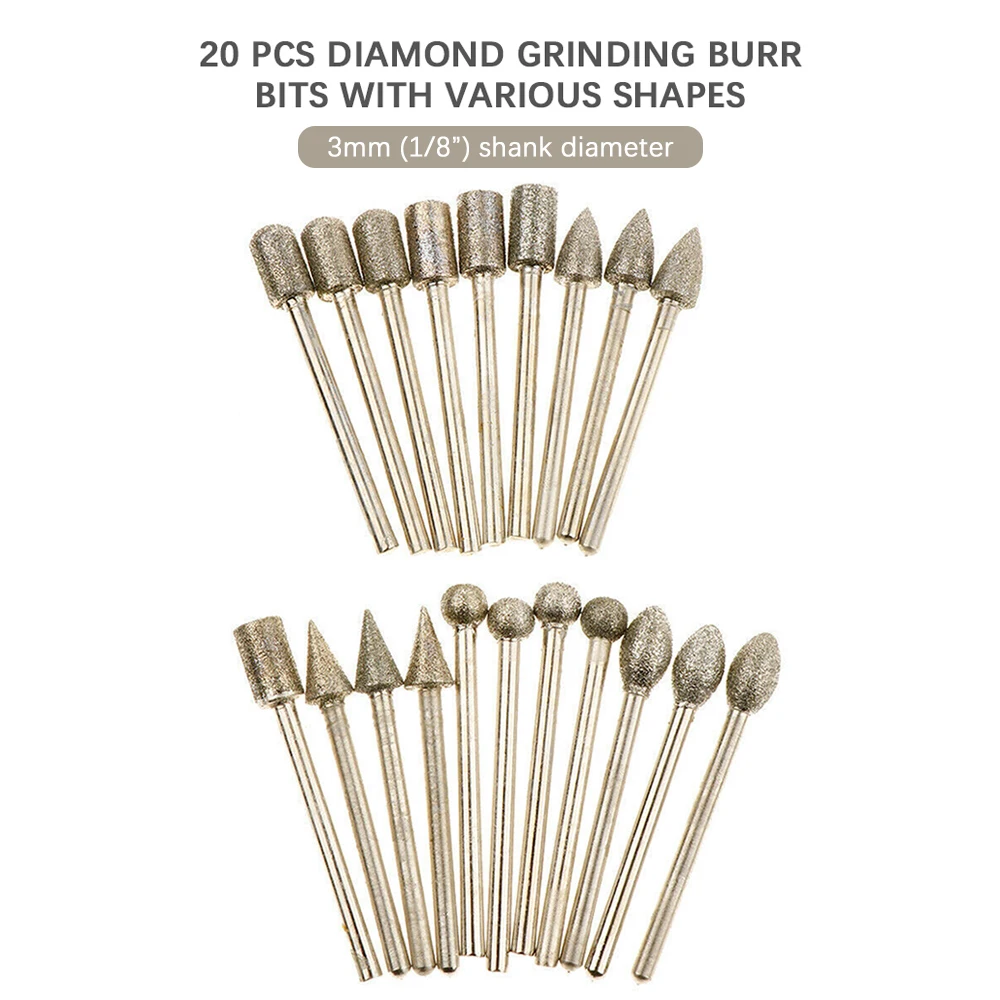 20PCS Diamond Burr Set with 3mm Shank Universal Fitment Rotary Tool Parts for Stone Carving DIY Grinding Polishing Engraving
20PCS Diamond Burr Set with 3mm Shank Universal Fitment Rotary Tool Parts for Stone Carving DIY Grinding Polishing Engraving