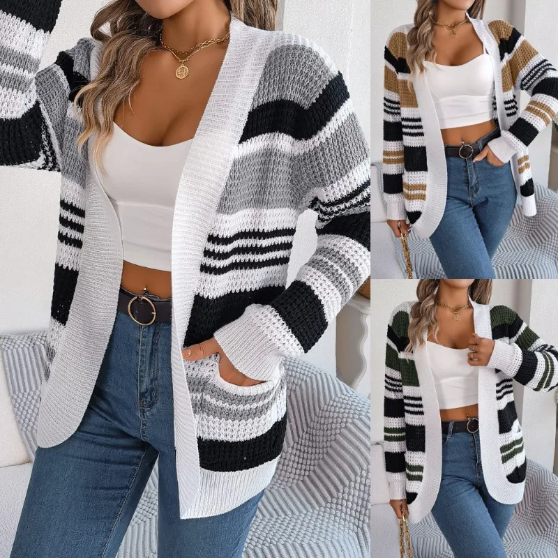 Winter Women's Striped Knitted Cardigan Fall winter 2023 Casual Contrast Stripe with Pocket Long Sleeve Sweater Cardigan Jacket
Winter Women's Striped Knitted Cardigan Fall winter 2023 Casual Contrast Stripe with Pocket Long Sleeve Sweater Cardigan Jacket