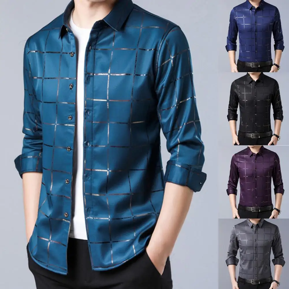 

Shirt Men Casual Dress Large Plaid Satin Surface Non-iron Turndown Collar Single-breasted for Business