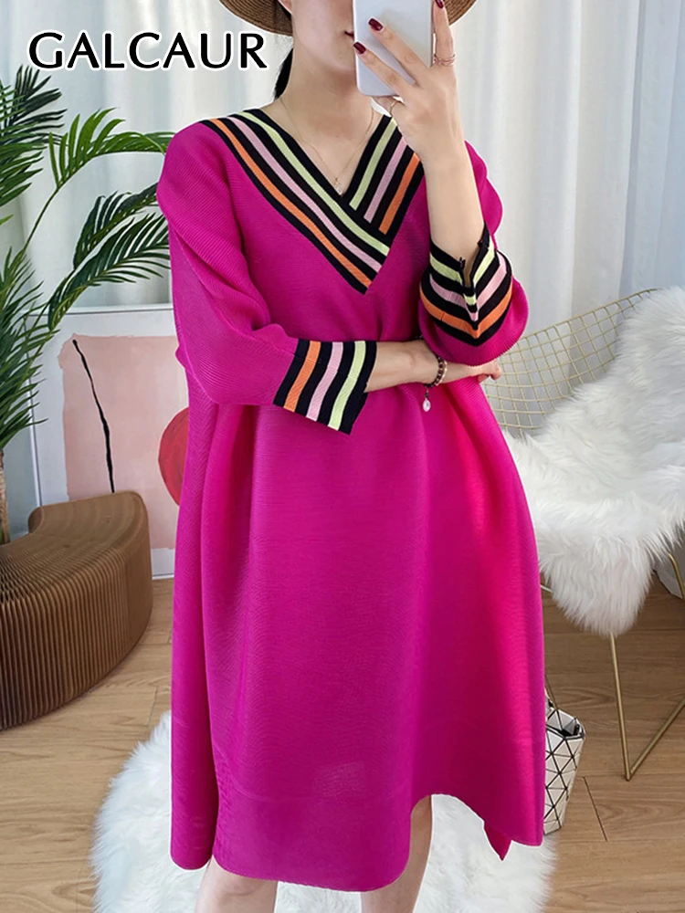 GALCAUR Striped Colorblock Dress For Women V Neck Three Quarter Sleeve Casual Loose Dresses Female 2022 Summer Fashion Clothing 
GALCAUR Striped Colorblock Dress For Women V Neck Three Quarter Sleeve Casual Loose Dresses Female 2022 Summer Fashion Clothing