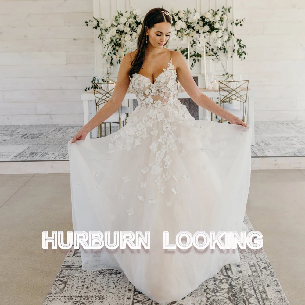 

HERBURN Classic Wedding Dresses Sweetheart 3D Blossoms Spaghetti Straps Zipper Sexy Goddess Robe De Mariée Engagement Plus