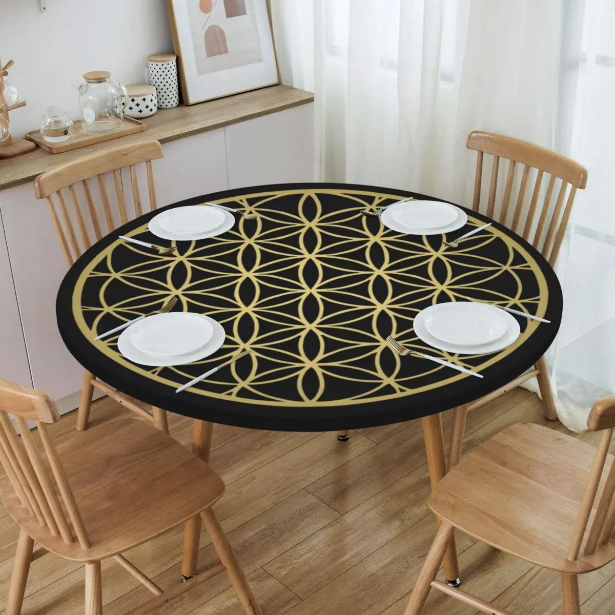 

Round Fitted Flower Of Life Mandala Gold Table Cloth Oilproof Tablecloth 45"-50" Table Cover Backed with Elastic Edge