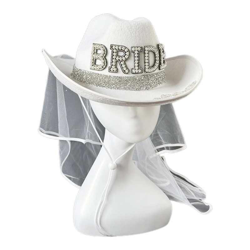 

Pearl BRIDE Letter Cowboy Hat with Long Veil Wide Brim Bridal Western Fedoras Hat for Outdoor Photoshoots Supplies HXBA
