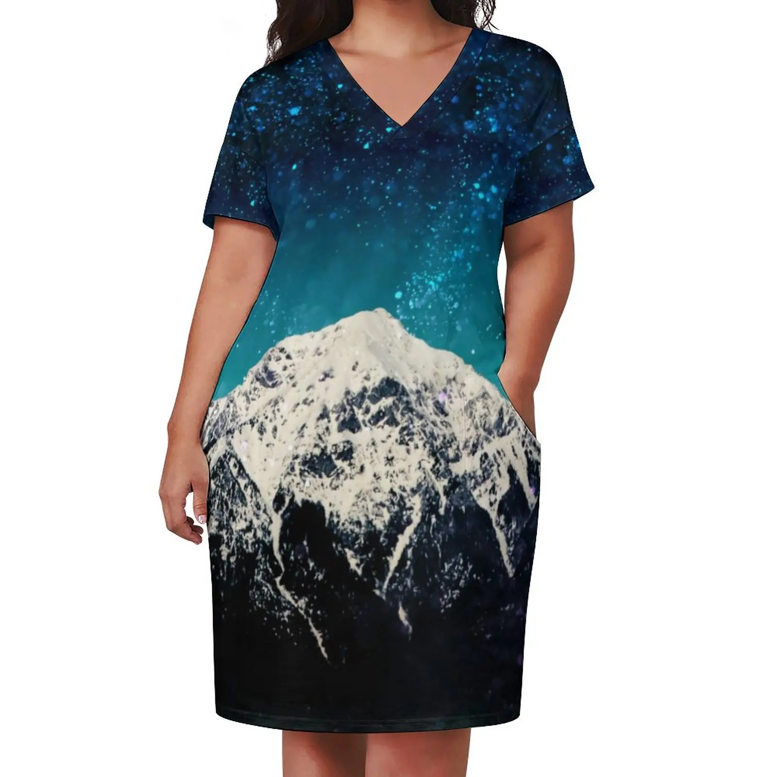 

Dreamy Starry Casual Dress Summer Galaxy Mountain Pretty Dresses Female Short Sleeve Pattern Aesthetic Dress Large Size
