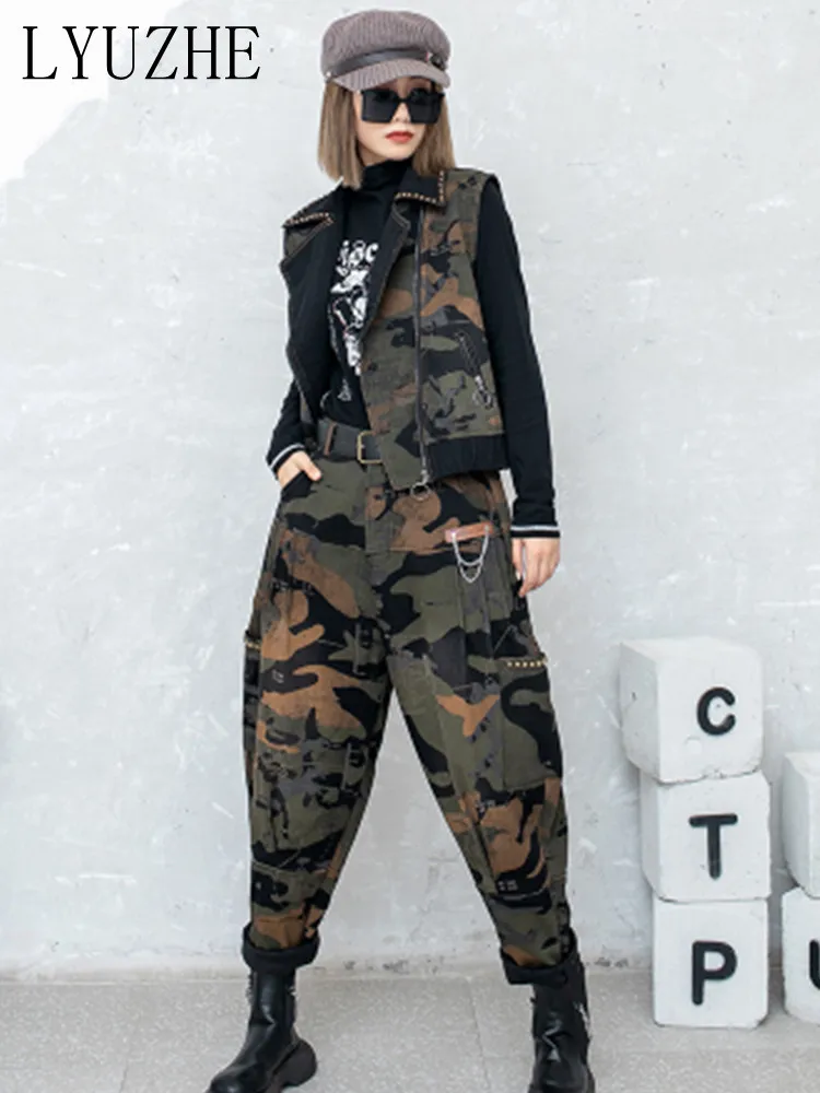 

LYUZHE Cool Personality Camouflage Jeans Waistcoat Harem Pants Cool Two Piece Women 2023 Spring Autumn Color Contrast Set LWL547