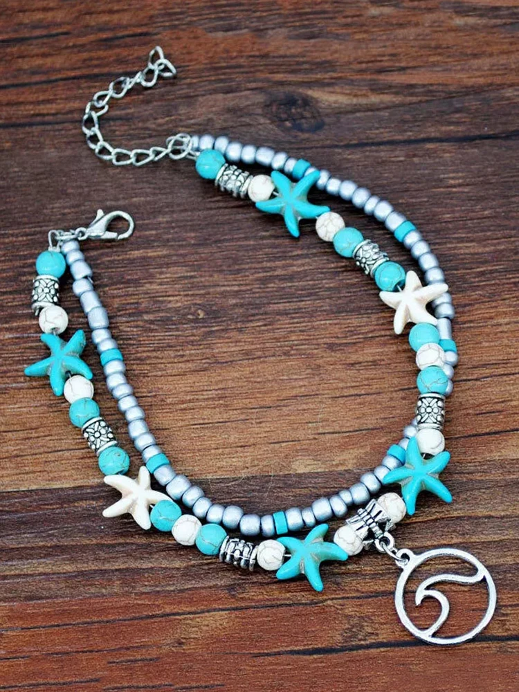 

Bohemian Turquoise Starfish Dual-Layered Anklet for Women Small Beads Anklet Nature Shell Charms Elastic Beaded Bracelet