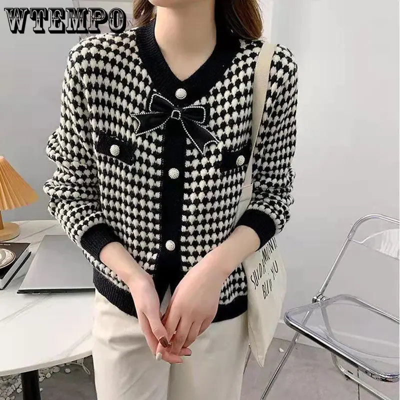 

Bowknot Diamond Inlaid Long Sleeved Knitwear Korean Version Thin Thousand Bird Grid Small Tall Waist Short Sweater Coat